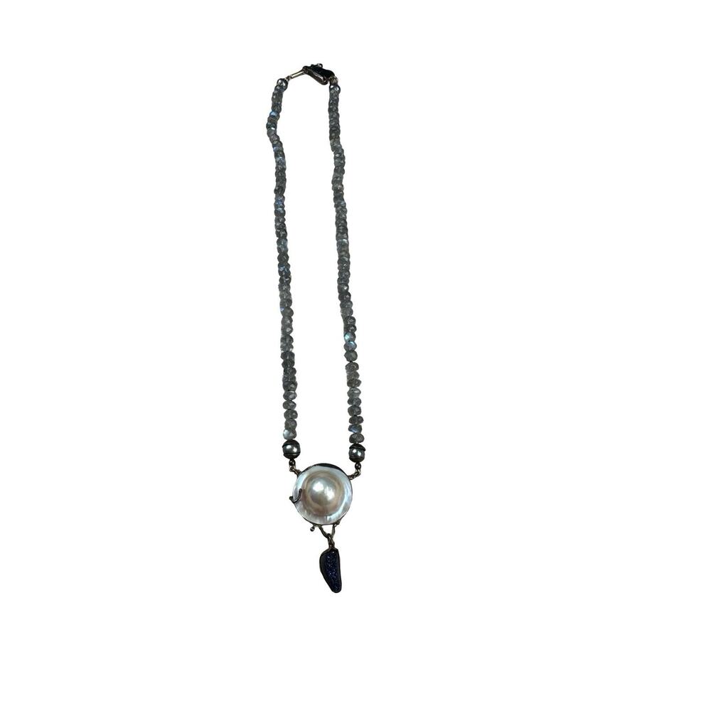 Artisan Labradorite Beaded Necklace Coin Pearl Druzy Pendant Boho - Picture 2 of 16